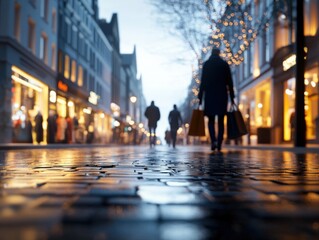 Fototapeta premium City street with blurred pedestrians and festive lights