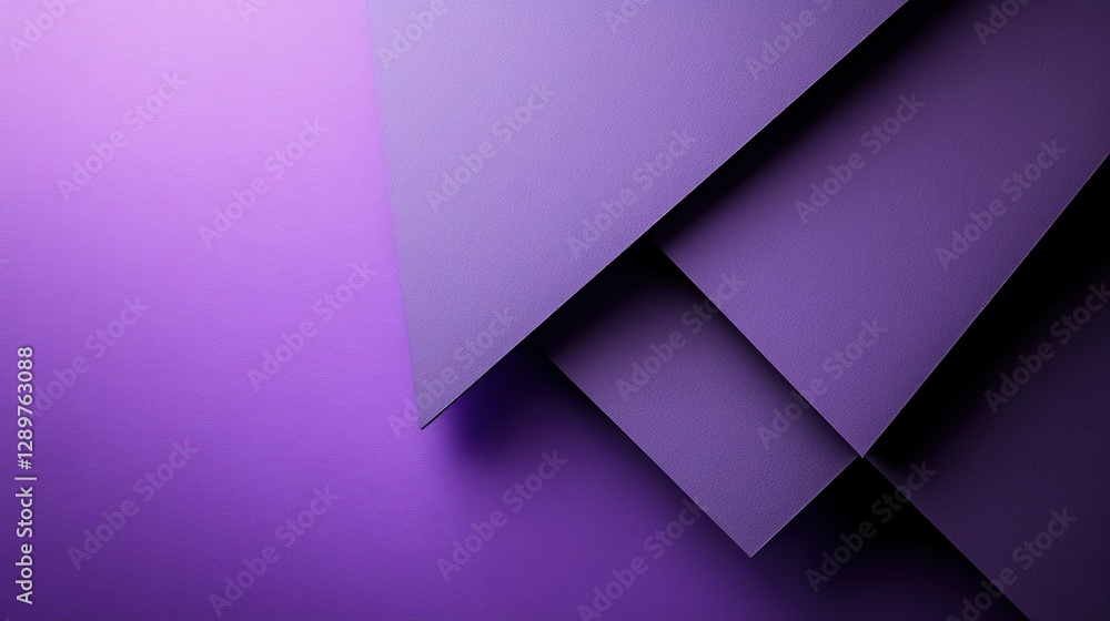 Poster overlapping purple papers creating geometric shapes and abstract design