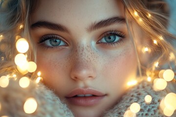 Fototapeta premium Close-up of a young woman with stunning blue eyes surrounded by glowing lights during a cozy winter evening