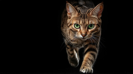 Fototapeta premium Fierce Bengal cat with striking green eyes walking towards camera on black dramatic background