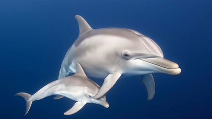 Obraz premium Mother and baby dolphins swimming together in deep blue ocean
