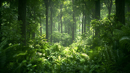 Fototapeta premium Lush Green Forest Sunlight Through Trees