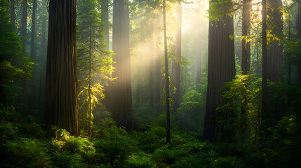 Sunlight Streaming Through Redwood Forest
