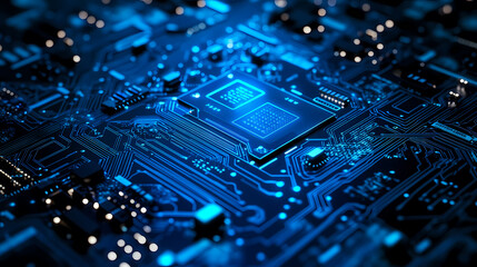 Close-up of a blue circuit board with CPU