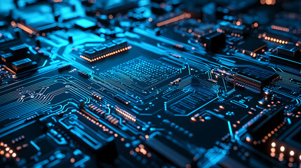 Obraz premium Close-up of a blue circuit board with electronics