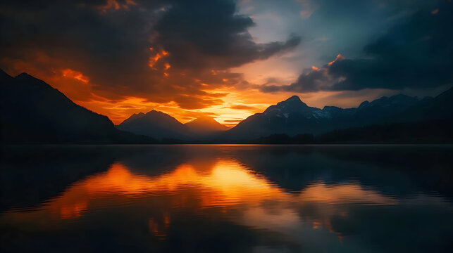 Serene lake reflections at twilight, capturing the majestic mountains and dramatic sky
