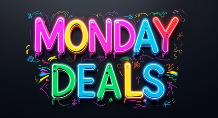 Naklejka premium Monday deals colorful neon graffiti lettering on plain black background