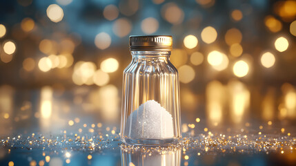 Glass salt jar with golden and blue light reflections