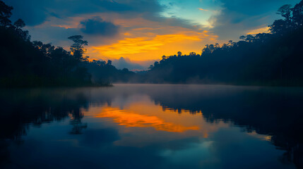 Fototapeta premium Serene twilight lake reflection, misty morning landscape with stunning sky colors