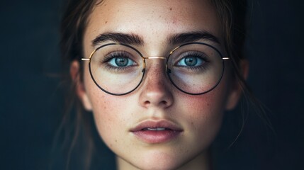 Fototapeta premium Serene Portrait of a Young Woman with Freckles Wearing Glasses