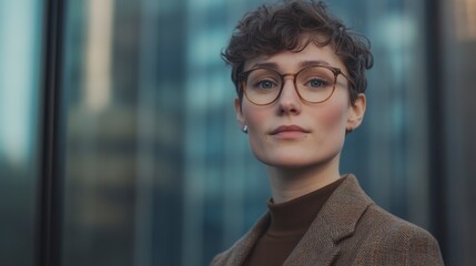 Fototapeta premium Focused Businesswoman In City, Brown Turtleneck And Blazer, Smart and Professional Look, and modern background.