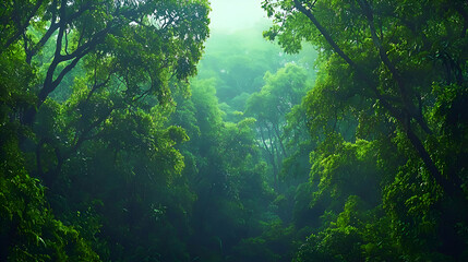Obraz premium Lush Green Forest with Sunlight Filtering Through Dense Canopy