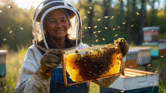 Smiling Elderly Beekeeper Holding Honeycomb in Sunlit Apiary