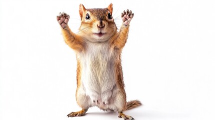 Chipmunk Standing Holding Paws Up in Joyful Surprise