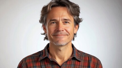 Smiling Caucasian man portrait wearing plaid shirt, showcasing headshot with neutral background and kind expression.