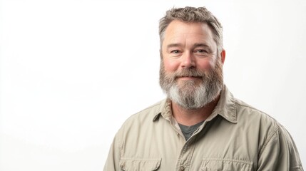 Obraz premium Smiling Middle-Aged Man Portrait with Beard on White, Casual Vibe