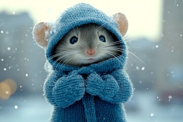 Social promotion - animal care. Sad cute adult animal mouse in winter warm clothes, visible breath from nose and mouth in cold atmosphere. Problem of struggling animals. Zoo arctic studies.