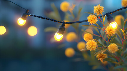 Warm Yellow String Lights and Blooming Yellow Flowers at Dusk