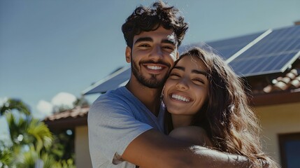 Happy Couple Embracing in Front of House with Solar Panels