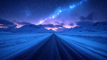 Starry night road trip through icy mountains winter landscape scenic view