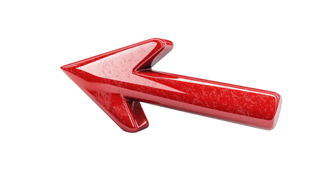Glossy red arrow pointing left, bold and smooth design, isolated on transparent background 