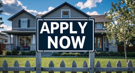 Fototapeta premium apply now lettering on sign at fence with house background