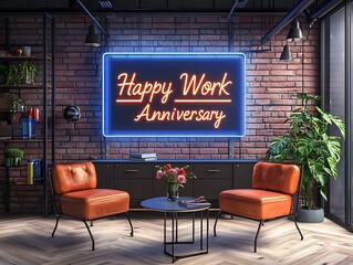 Neon board displaying "Happy Work Anniversary" in a modern office setting for a celebration.