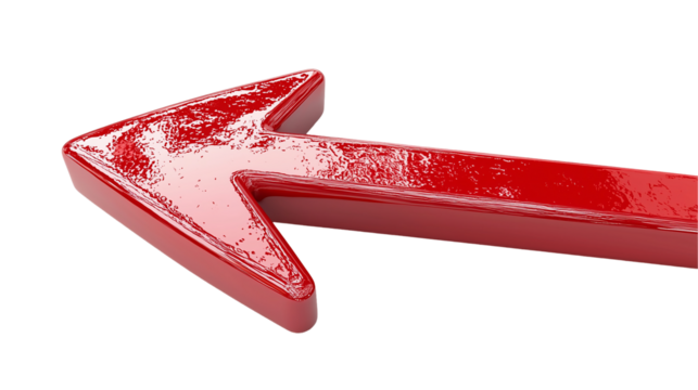 Glossy red arrow pointing left, bold and smooth design, isolated on transparent background  - Powered by Adobe