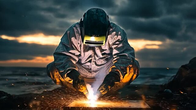 Welder at Dusk on Industrial Site with Dramatic Clouds