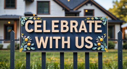 celebrate with us lettering on sign at fence with house background