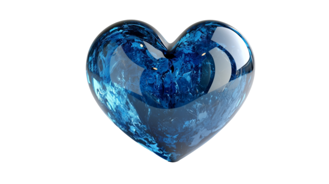 Glossy, vibrant blue heart with smooth reflective surface, symbol of love and emotion, isolated on transparent background 