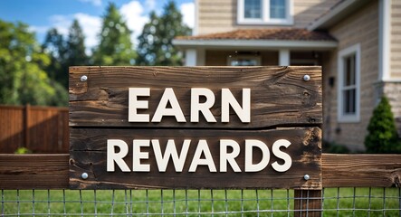 Fototapeta premium earn rewards lettering on sign at fence with house background