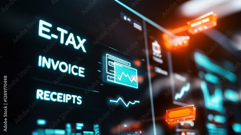 Poster a digital interface displaying e-tax options, including invoice and receipts, with vibrant graphics 