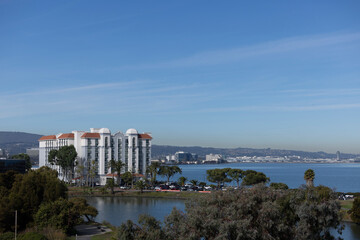 Morning view of the downtown skyline of Burlingame, California, USA.