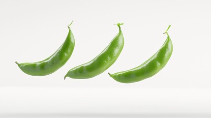 Green beans suspended mid-air, floating on a plain white background, 3D-rendered hyperrealism, soft shadows, clean and modern design