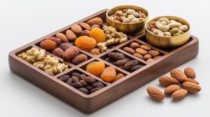 arrangement of dried fruits and nuts in wooden tray