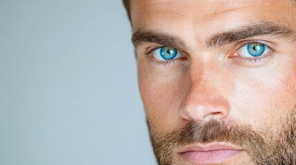 Obraz premium Man's intense blue eyes, close-up portrait, gray background, for beauty or fashion ads