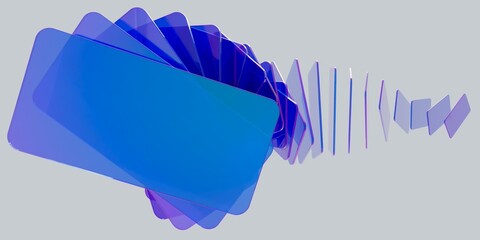 Abstract 3D Render of Blue and Purple Transparent Shapes in Dynamic Arrangement on Gray Background