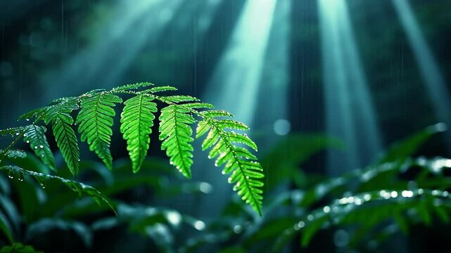 Rain-drenched fern leaf bathed in sunlight, lush forest backdrop