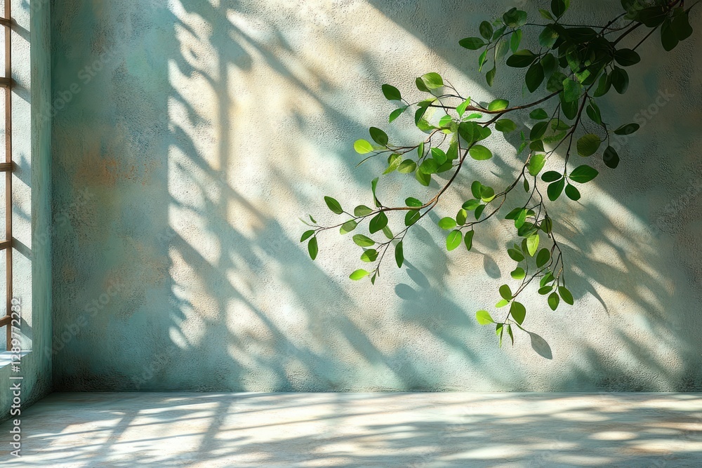 Poster minimal abstract shadows of tree leaves on beige wall with natural light and texture for background 