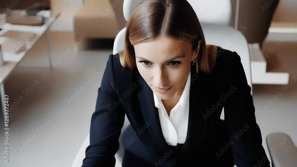 Poster focused businesswoman in a suit working with holographic data, analyzing graphs and charts projected