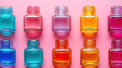 Colorful Bottles of Essential Oils on Pink Background