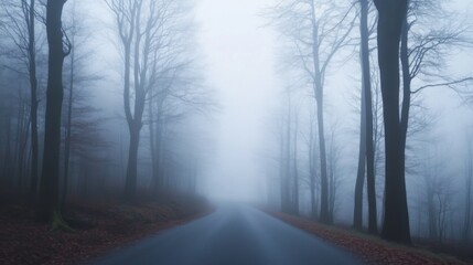 Obraz premium Foggy road through a forest in autumn