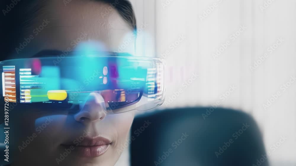 Aufkleber female executive wearing transparent smart glasses with holographic interface, analyzing business da