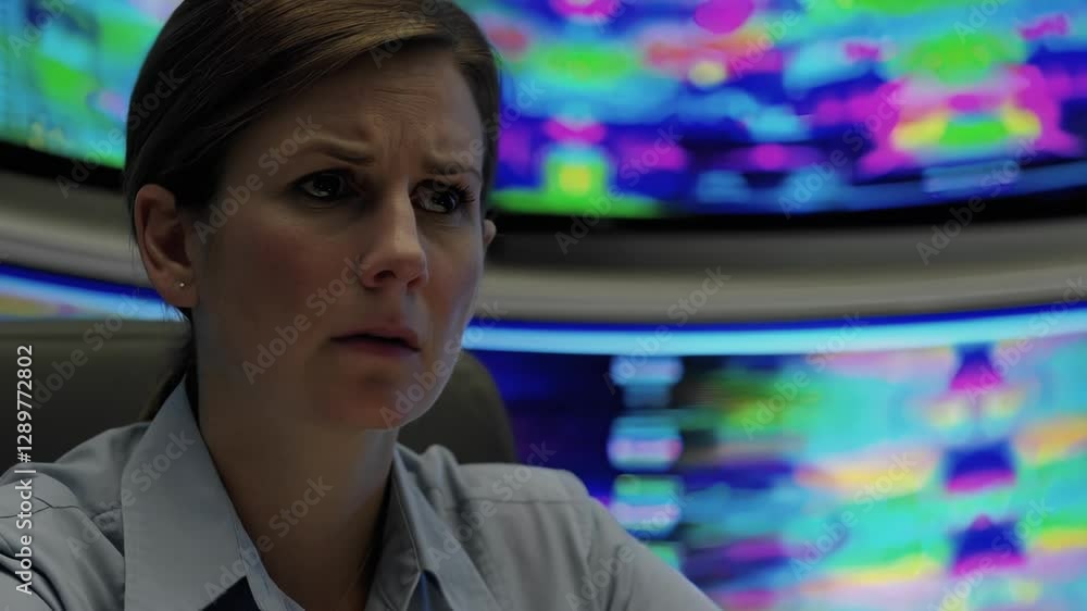 Aufkleber Concerned technician monitors a rapidly changing and colorful data stream displayed on multiple curved screens in a high tech control room