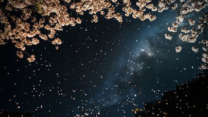 Obraz premium 河川敷の夜桜と星空 – 水面に映る桜と満天の星が織りなす幻想の世界