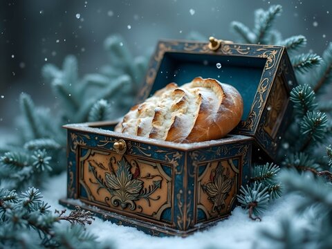 Pandora&rsquo;s box with loaf of bread in snowy firs