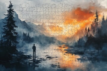 Surreal Business Concept of Man Completing Giant Puzzle in Soft Natural Light