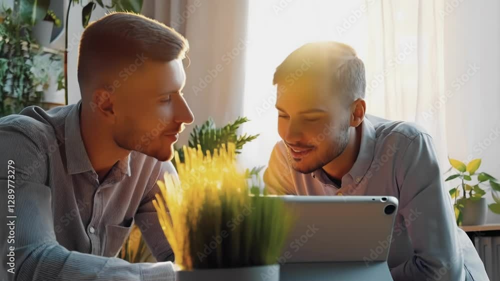Poster two men, a gay couple, are lying on the floor, looking at a tablet together, and smiling at each oth