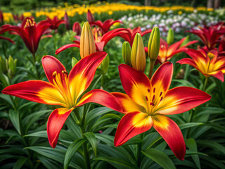 Fototapeta premium red and yellow lily. flower, lily, orange, nature, plant, red, bloom, flora, flowers, garden, summer, beauty, petal, blossom, yellow, floral, spring, petals, color, beautiful, closeup, leaf, lilium, m